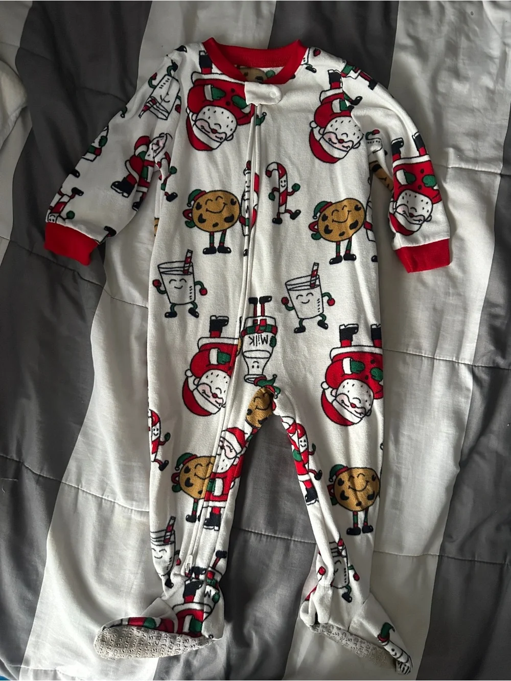 Kids Holiday Footed One-Piece Pajamas - White with Red Trim